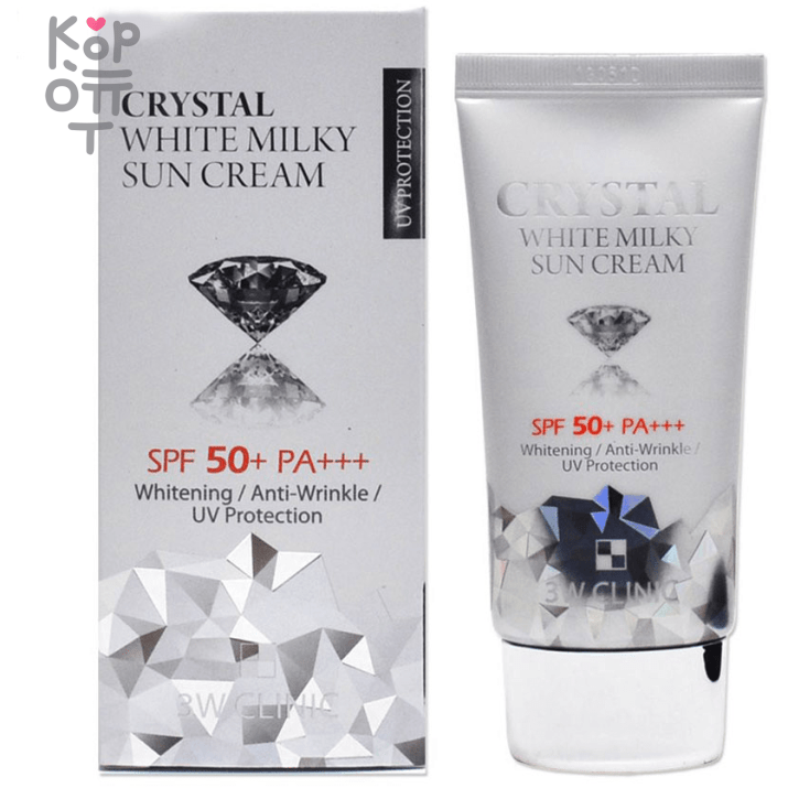 3W Clinic Crystal White Milky Sun Cream SPF 50/PA+++ - Осветляющий молочный солнцезащитный крем 50мл., купить с доставкой на дом 3W Clinic Crystal White Milky Sun Cream SPF 50/PA+++ — это осветляющий солнцезащитный крем, который помогает защитить кожу от вредного воздействия ультрафиолетовых лучей. Крем предотвращает появление пигментных пятен и обеспечивает ровный тон кожи.