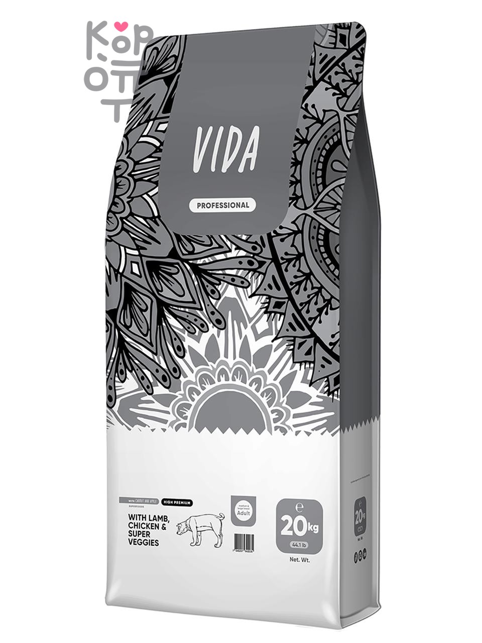 Сухой корм VIDA PROFESSIONAL HIGH PREMIUM для взрослых собак средних и крупных пород из ягненка и курицы с овощами 20кг.