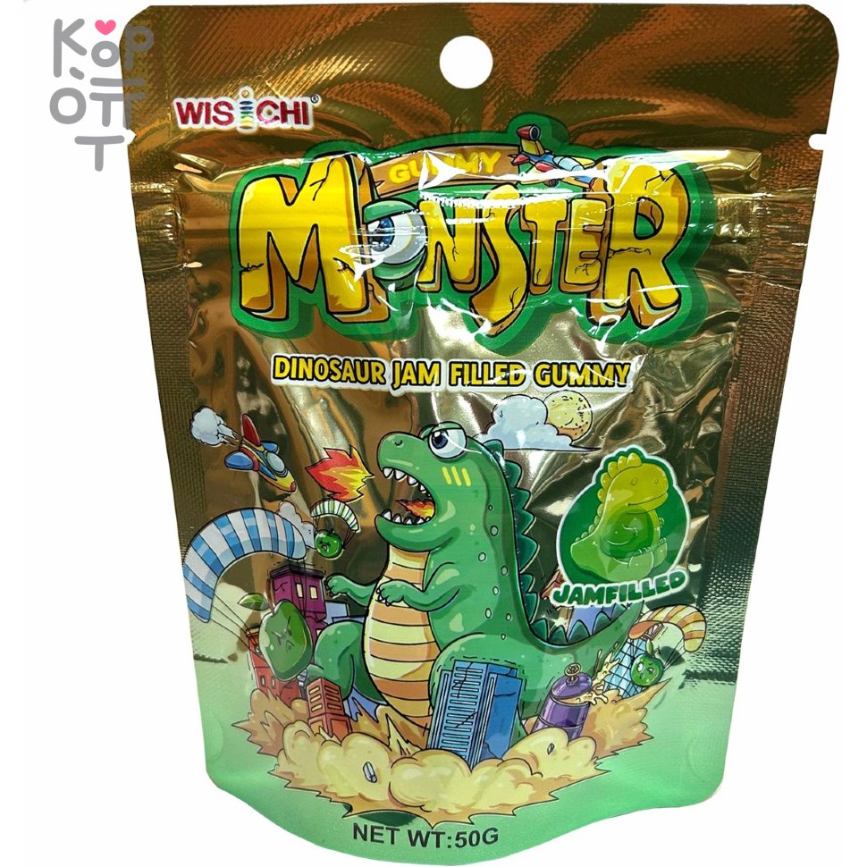 Кислая мармеладная конфета WisiChi Monster Dinosaur Jam Filled Gummy Динозавтры с фруктовым джемом, 50гр., купить с доставкой на дом фото 1 — Корейские товары для всей семьи(КорОпт)
