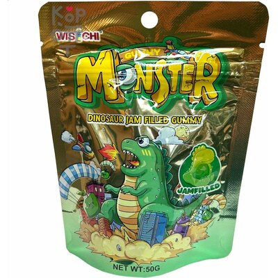Кислая мармеладная конфета WisiChi Monster Dinosaur Jam Filled Gummy Динозавтры с фруктовым джемом, 50гр.