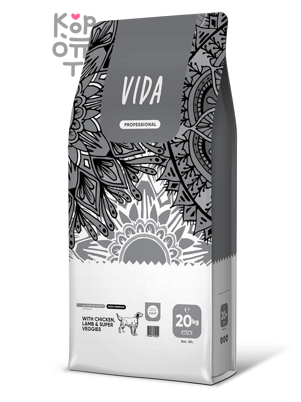 Сухой корм VIDA PROFESSIONAL HIGH PREMIUM для активных взрослых собак средних и крупных пород из курицы с ягненком и овощами 20кг.