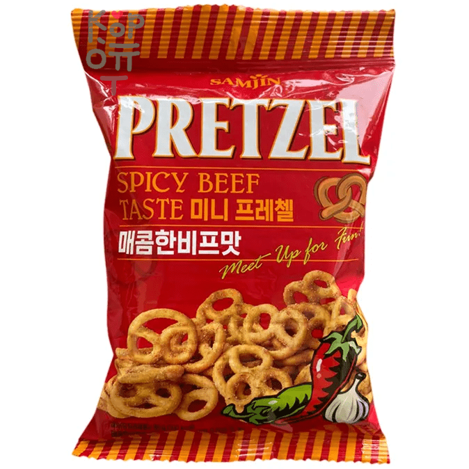 Samjin Pretzel Spice Beef Taste - Претцели со вкусом острой говядины, 85гр., 24 упаковки в коробке