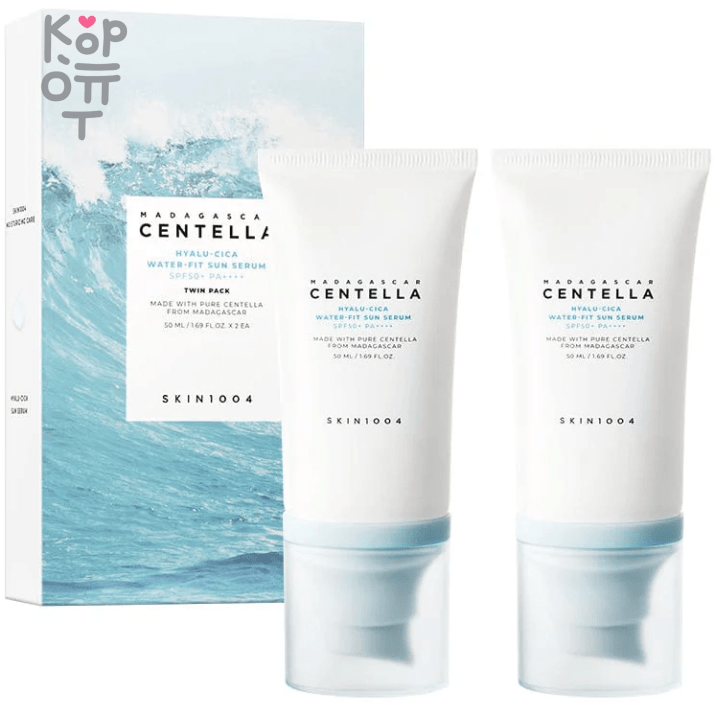 Skin1004 Madagascar Centella Hyalu-Cica Water-Fit Sun Serum Twin Pack - Набор солнцезащитных сывороток 50мл.*2шт., купить с доставкой на дом Очень высокая степень защиты в виде легкого увлажняющего крема, который не оставляет белых следов, увлажняет кожу и корректирует первые признаки старения.