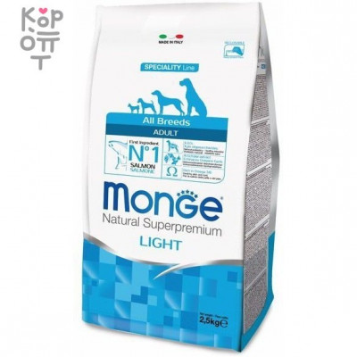 Monge Dog Speciality Light корм для собак всех пород низкокалорийный лосось с рисом 2,5 кг