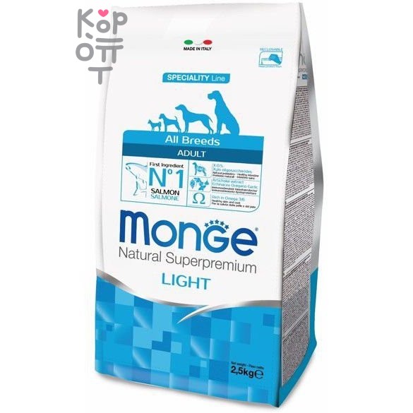 Monge Dog Speciality Light корм для собак всех пород низкокалорийный лосось с рисом