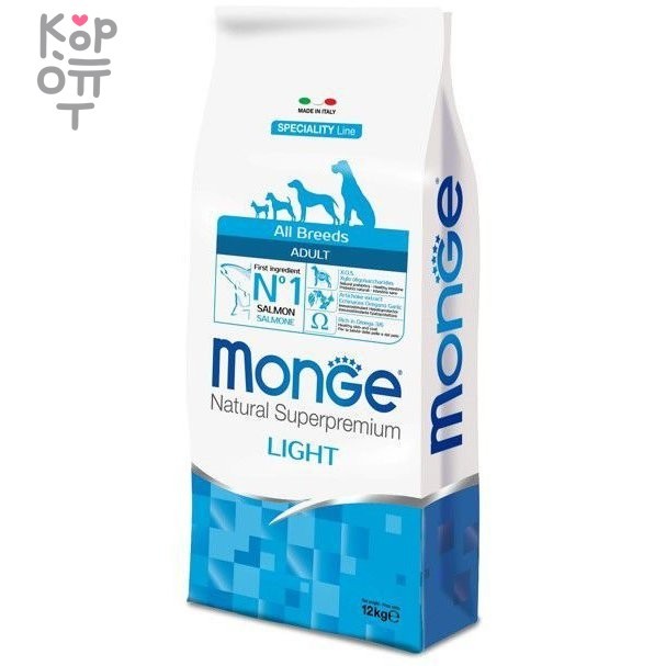 Monge Dog Speciality Light корм для собак всех пород низкокалорийный лосось с рисом 12 кг