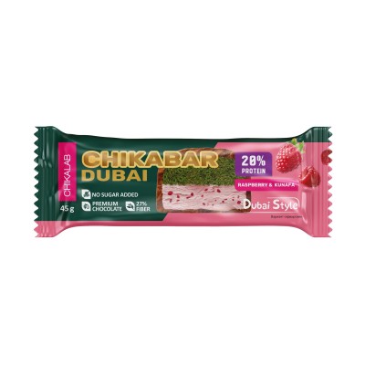 CHIKALAB — Chikabar Dubai Raspberry &amp; Kunafa — Глазированный протеиновый батончик CHIKALAB с малиной, фисташкой и хрустящим тестом — 45 г, 180, шт