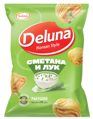 Deluna — Sour Cream &amp; Onion Shells — Снеки кукурузные со вкусом сметаны и лука, 60 г — коробка 20 шт