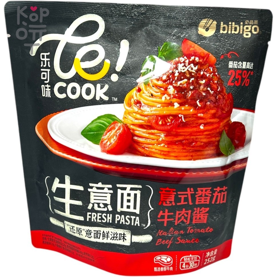 Свежая лапша Bibigo Итальянская паста с томатным соусом и говядиной, 252гр., купить с доставкой на дом фото 1 — Корейские товары для всей семьи(КорОпт)