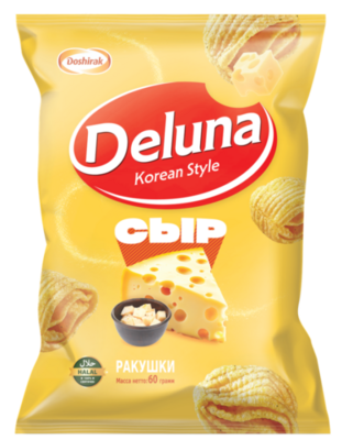 Deluna — Cheese Shells — Снеки кукурузные со вкусом сыра, 60 г — коробка 20 шт
