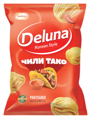 Deluna — Chili Taco Shells — Снеки кукурузные со вкусом чили тако, 60 г — коробка 20 шт