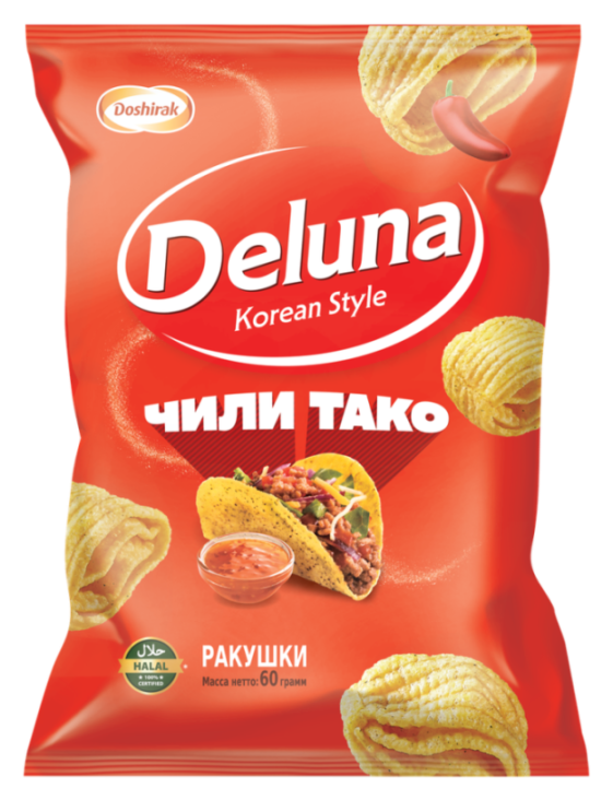 Deluna — Chili Taco Shells — Снеки кукурузные со вкусом чили тако, 60 г — коробка 20 шт