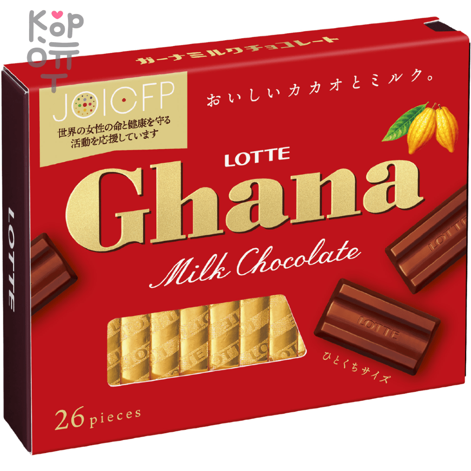 Lotte Ghana Extra Cacao Milk Chocolate - Шоколад Гана Экселент молочный,  набор 4,6гр.*26шт., 119,6гр. по цене 352 руб. в интернет магазине Корейские  товары для всей семьи(КорОпт)