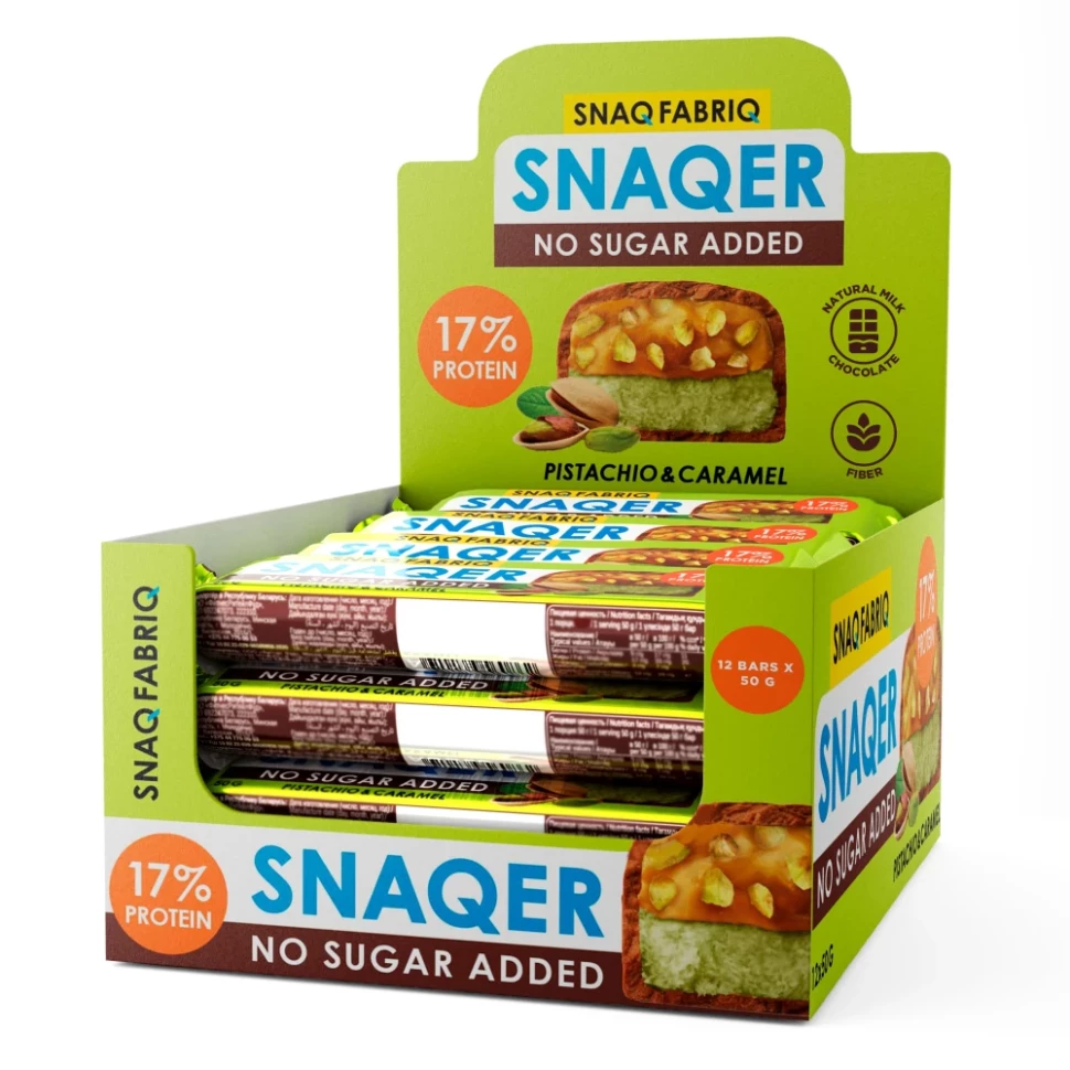 SNAQ FABRIQ — Snaqer Pistachio & Caramel — Глазированный протеиновый батончик SNAQ FABRIQ с фисташкой и карамелью — 600 г, 50 г