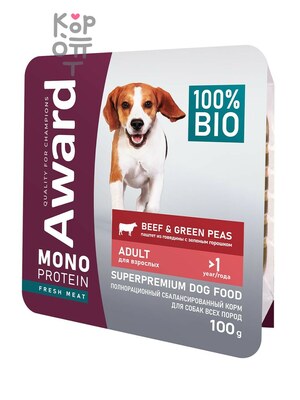 AWARD Monoprotein Влажный корм для взрослых собак, паштет из говядины с зеленым горошком, 100 г
