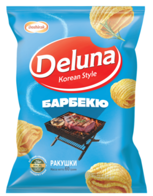 Deluna — Barbecue Shells — Снеки кукурузные со вкусом барбекю, 60 г — коробка 20 шт
