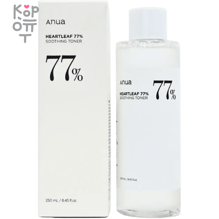 Anua Heartleaf 77% Soothing Toner - Успокаивающий тонер для лица с Гуттуини 150мл., купить с доставкой на дом Anua Heartleaf 77% Soothing Toner — это успокаивающий тонер для лица с высоким содержанием экстракта гуттуинии (*Houttuynia cordata*). Тонер помогает восстановить естественный pH кожи после очищения. Средство подходит для всех типов кожи, особенно для чувствительной.