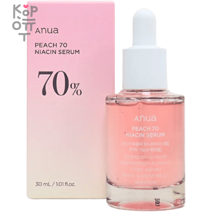 Anua Peach 70 Niacin Serum - Сыворотка с Персиком для гладкой и сияющей кожи лица 30мл., купить с доставкой на дом Сыворотка с персиком для гладкой и сияющей кожи обладает широким функционалом: выравнивает и полирует рельеф эпидермиса, способствует сужению пор, сокращает выработку кожного сала и мягко осветляет общий тон кожи.
