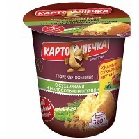 Картошечка Пюре с ржаными сухариками и малосольными огурцами, 50 г