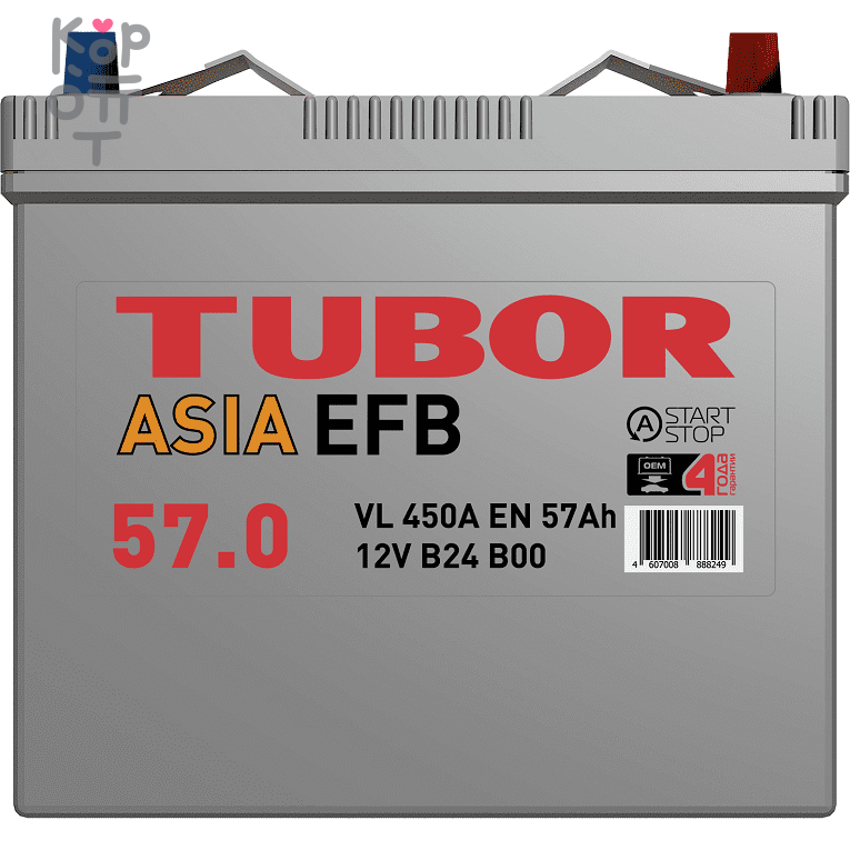 Аккумулятор TUBOR ASIA EFB 6СТ-57.0 VL B00, 57A, B24 ( L ), купить с доставкой на дом фото 1 — Корейские товары для всей семьи(КорОпт)