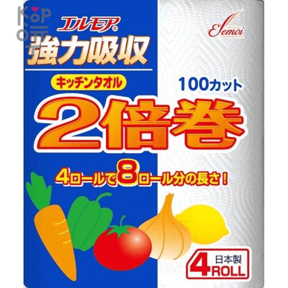 Kami Shodji ELLEMOI Strong Absorption Double Volume - Бумажные полотенца для кухни 100 отрезков (4 рулона)., купить с доставкой на дом фото 1 — Корейские товары для всей семьи(КорОпт)