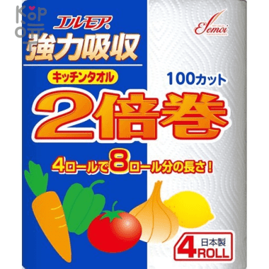 Kami Shodji ELLEMOI Strong Absorption Double Volume - Бумажные полотенца для кухни 100 отрезков (4 рулона). &mdash; Корейские товары для всей семьи(КорОпт)