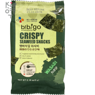 CJ Bibigo Crispy Seaweed Snacks Wasabi Flavor - Хрустящая морская капуста со вкусом васаби 5гр. — Корейские товары для всей семьи(КорОпт)