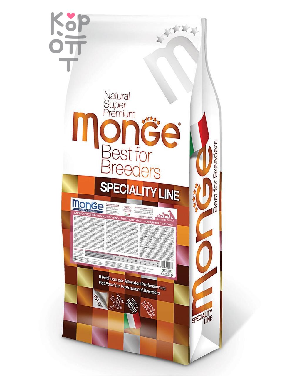 Сухой корм Monge Dog PFB Specialty Monoprotein для взрослых собак всех пород с говядиной и рисом 15кг.