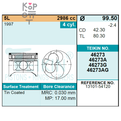 Поршни двигателя 5L 46273 13101-54120 STD (к-т 4шт) TEIKIN