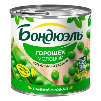 Бондюэль — Горошек молодой зел. ' ' 425 мл 1×12 в жестяной банке, шт