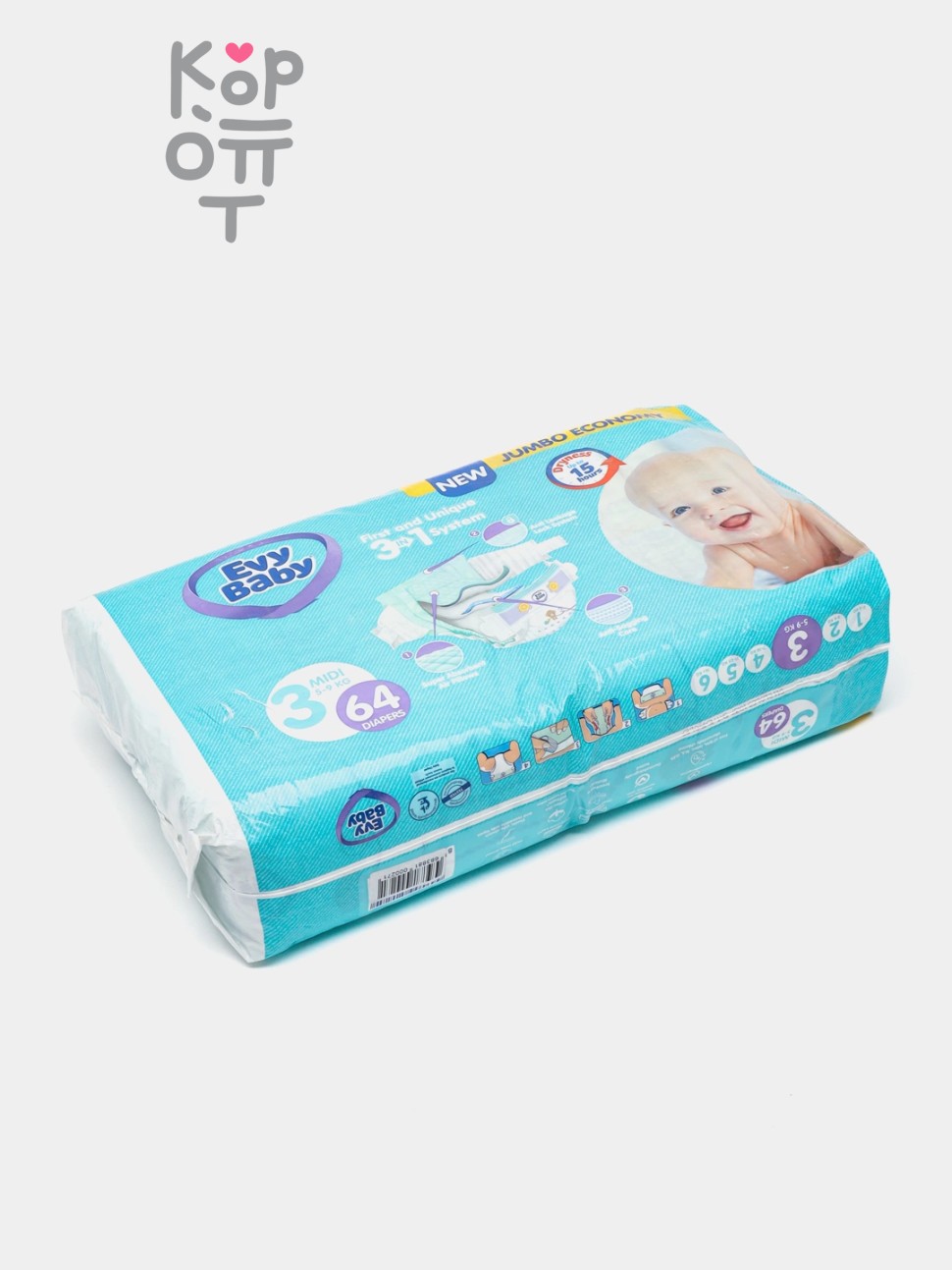 108224 "PonPon" Детские подгузники (для мальчиков и девочек) 64 шт., 3-7 кг (S)