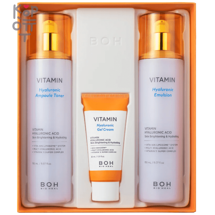 Bioheal BOH Vitamin Hyaluronic Ampoule Toner &amp; Emulsion set - Набор для кожи лица с витамином С 150мл.+150мл.+30мл., купить с доставкой на дом Этот косметический набор помогает осветлить кожу, укрепить барьер влаги и повысить эластичность кожи. 